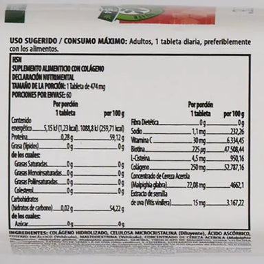 Nutrilite Hsn Colageno L-Cisteina 60 Tabletas Informacion nutricional
