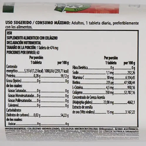 Nutrilite Hsn Colageno L-Cisteina 60 Tabletas Informacion nutricional
