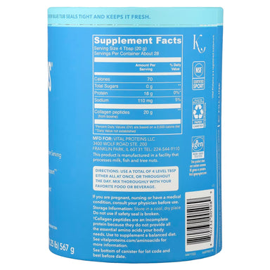 Vital Proteins Collagen Peptides Sin Sabor 567g Informacion nutricional