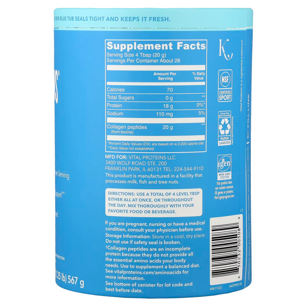 Vital Proteins Collagen Peptides Sin Sabor 567g Informacion nutricional