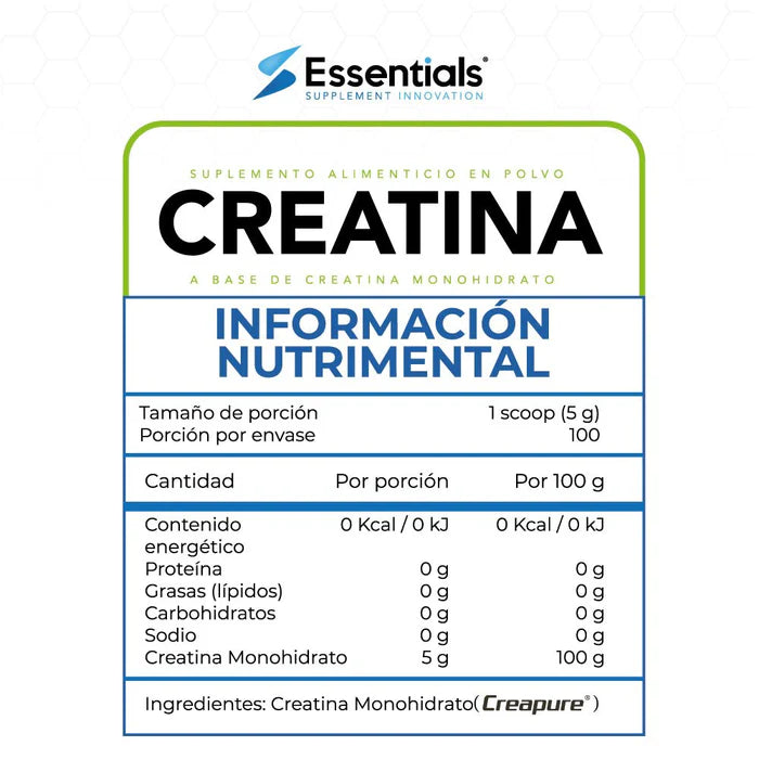 Essentials Creatina Sello Creapure 500 Gr 100 Servicios informacion nutricional 2