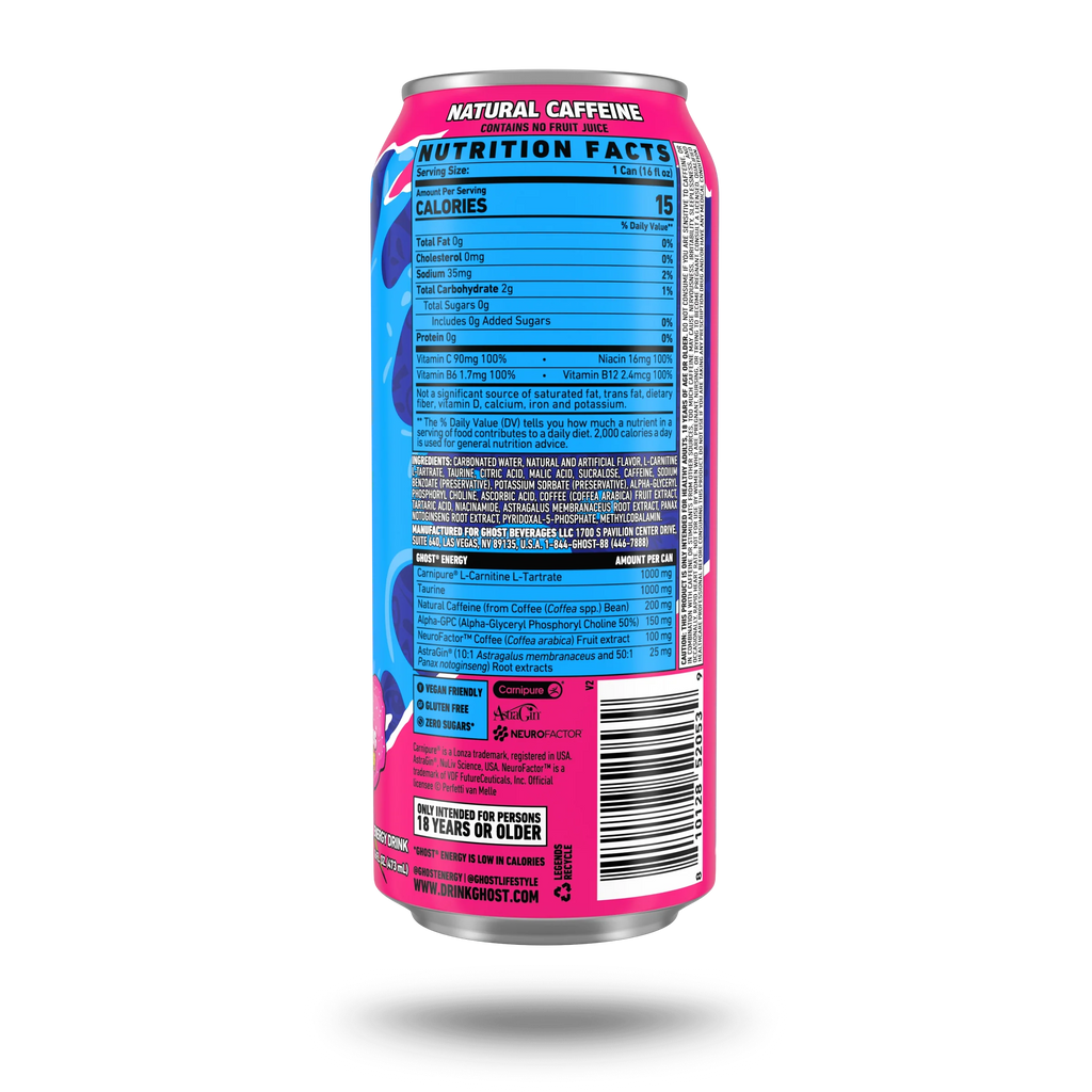 Ghost Energy Drink 16Oz 12 Pack Bubblicious Informacion nutriciona