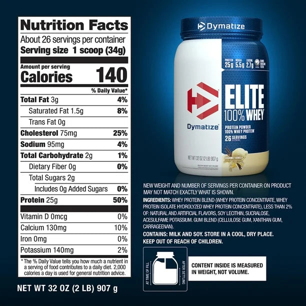 Dymatize Proteina Elite Whey 2 Lbs 26 Servicios Informacion nutricional