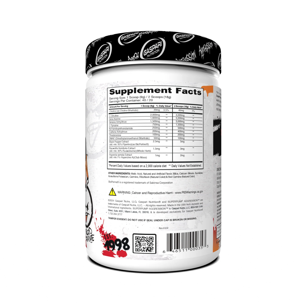 Gaspari Nutrition Superpump Aggression Pre Entreno 360Gr 40 Servicios informacion nutricional