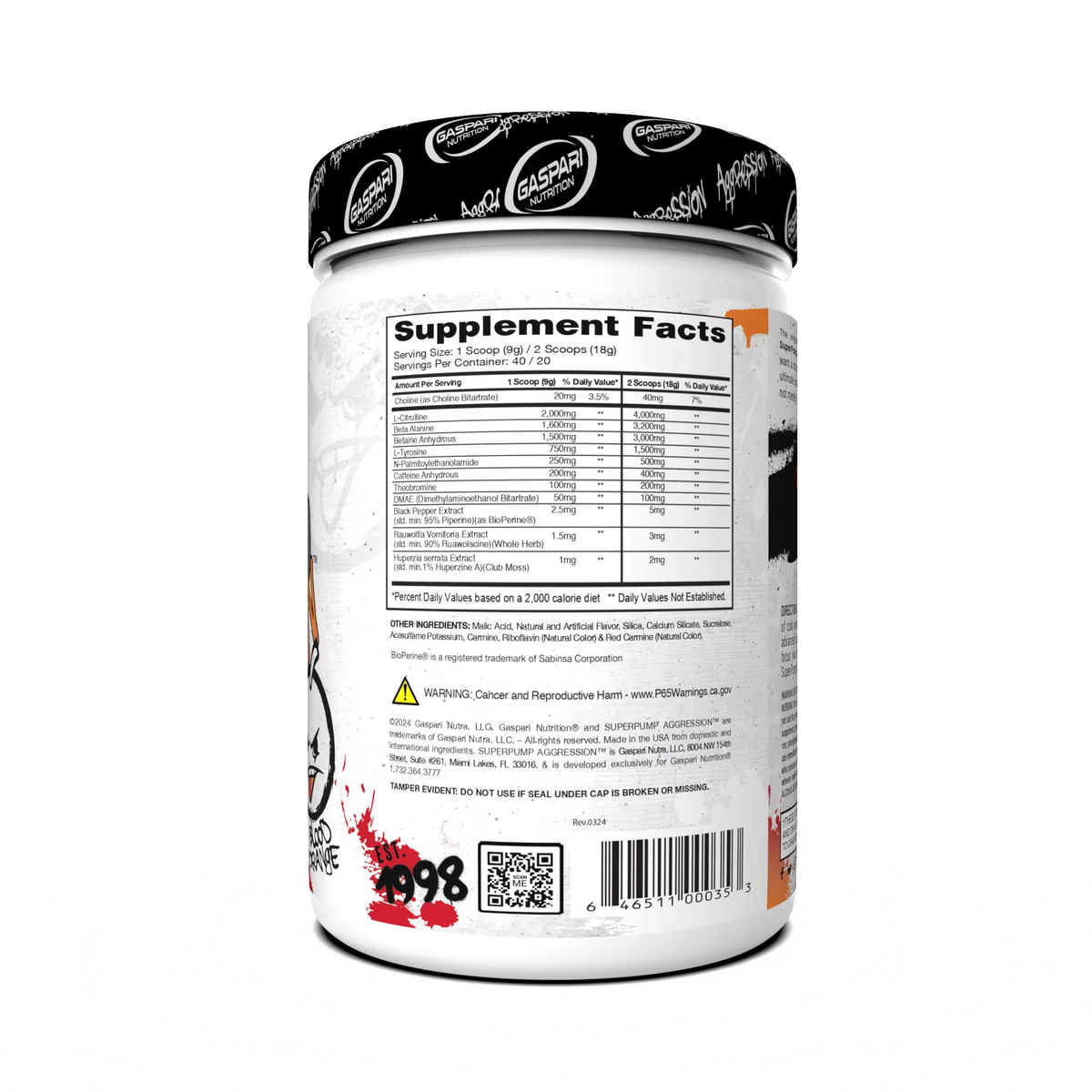 Gaspari Nutrition Superpump Aggression Pre Entreno 360Gr 40 Servicios informacion nutricional