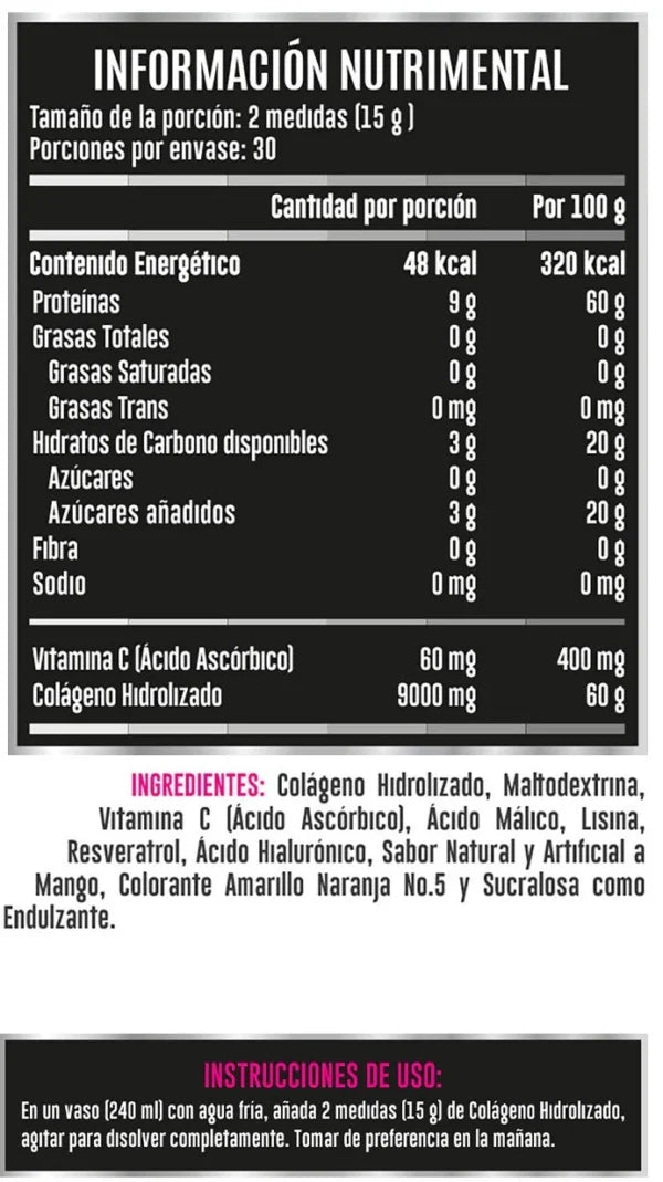 Advance Nutrition Colageno Hidrolizado Ella Con Vitamina C Y Acido Hialurónico 450g Informacion nutriconal