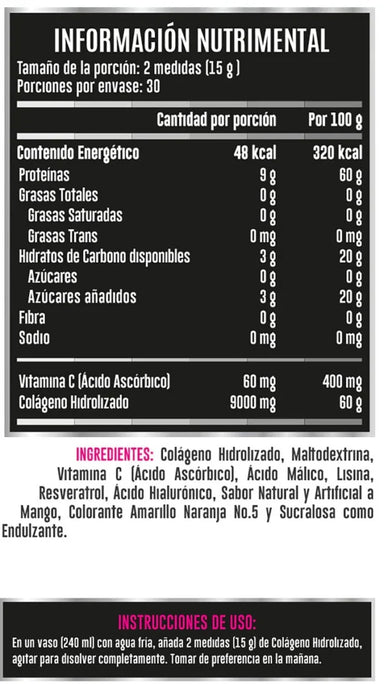 Advance Nutrition Colageno Hidrolizado Ella Con Vitamina C Y Acido Hialurónico 450g Informacion nutriconal