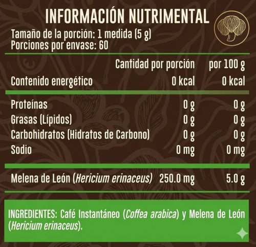 Advance Nutrition Coffe Melena de Leon 300g 60 Serv Informacion nutricional
