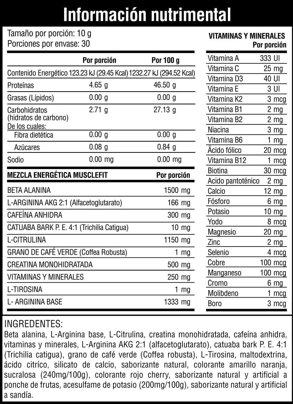 Musclefit Fury Oxido Nitrico 30 Servicios informacion nutricional
