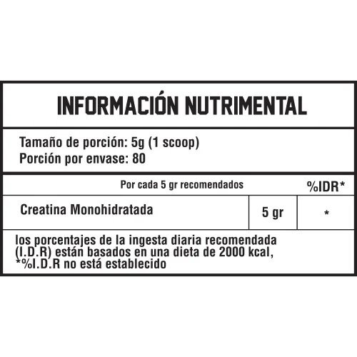 BlackBear Creatine 400gr 80 servicios informacion nutricional