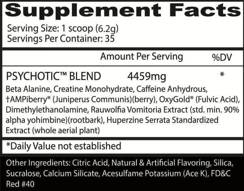 Insane Labz Psychotic Blend Pre Entreno 35 Serv Caramelo de Sangre Edicion Dia de Muertos Informacion nutricional