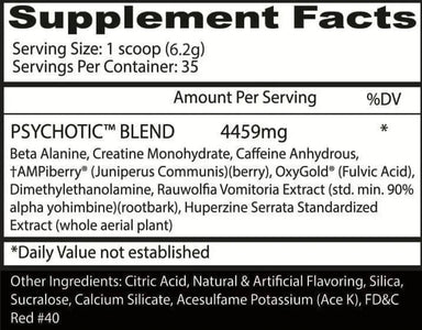 Insane Labz Psychotic Blend Pre Entreno 35 Serv Caramelo de Sangre Edicion Dia de Muertos Informacion nutricional