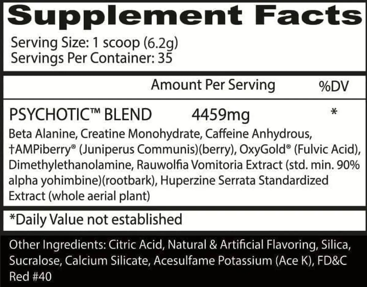 Insane Labz Psychotic Blend Pre Entreno 35 Serv Caramelo de Sangre Edicion Dia de Muertos Informacion nutricional