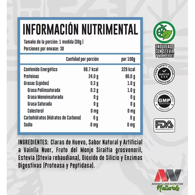 Advance Nutrition Proteina de Claras de Huevo Naturals Deshidratadas 900gr 30 Servicios Informacion nutricional