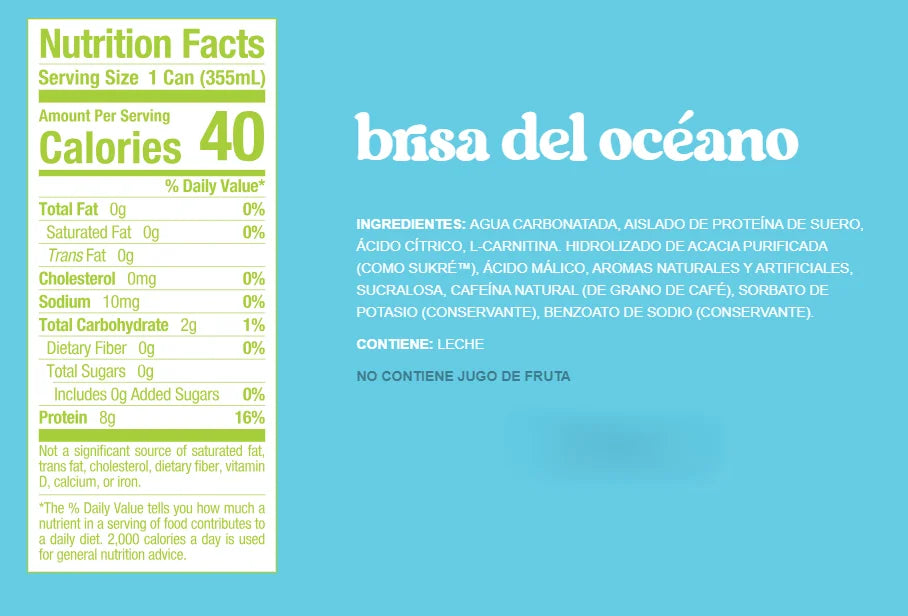 Ryse Energy Drink + Proteina 12 pack Ocean Breeze Informacion nutricional 2