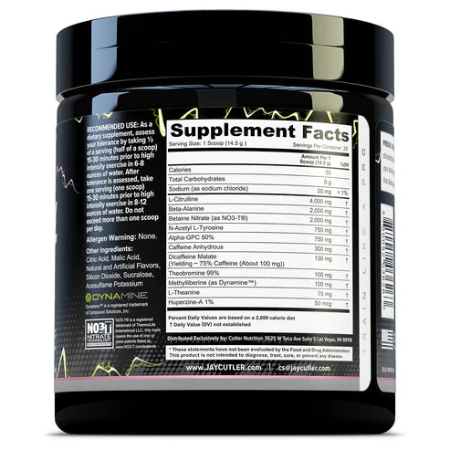 Jay Cutler Prevail Rush Pre Entreno 308g 20 servicios Informacion nutricional
