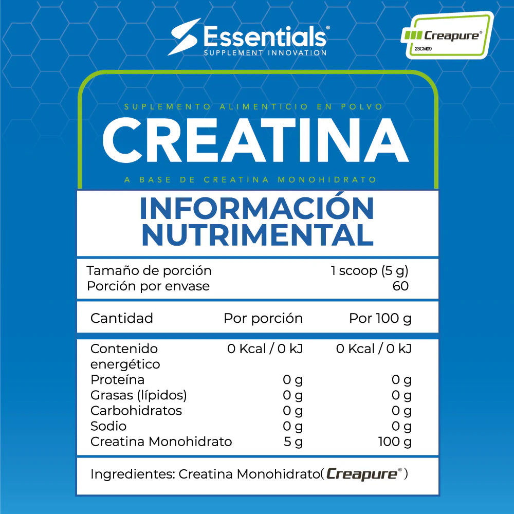 Essentials Creatina Sello Creapure 300 Gr 60 Servicios informacion nutricional