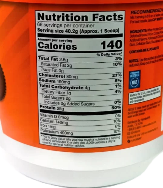 Cellucor C4 Whey Protein 5lb 66 servicios Reese´s Peanut Butter Chocolate Informacion nutricional
