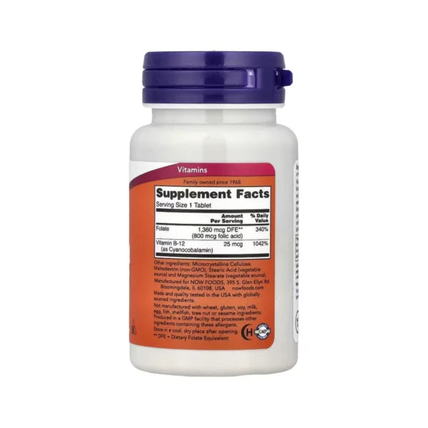 Now Foods Ácido Fólico 800 Mcg 250 Tabletas Informacion nutricional