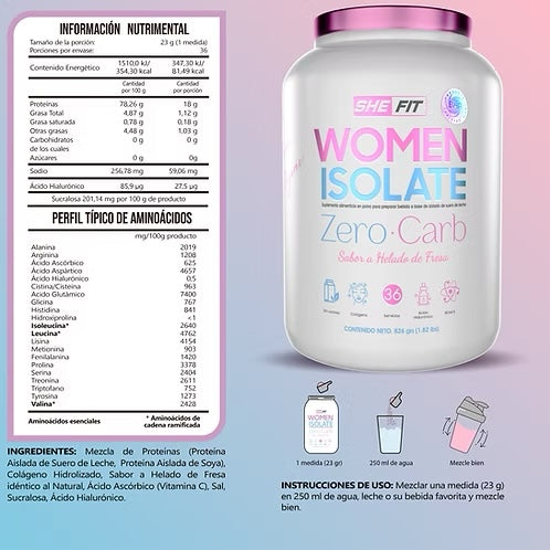BHP Proteina She Fit Women Isolate Zero Carb 1.8Lbs Sabor Helado de Fresa Informacion nutricional
