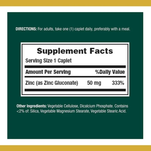 Nature's Bounty Zinc 50mg 100 tabletas Informacion nutricional 2
