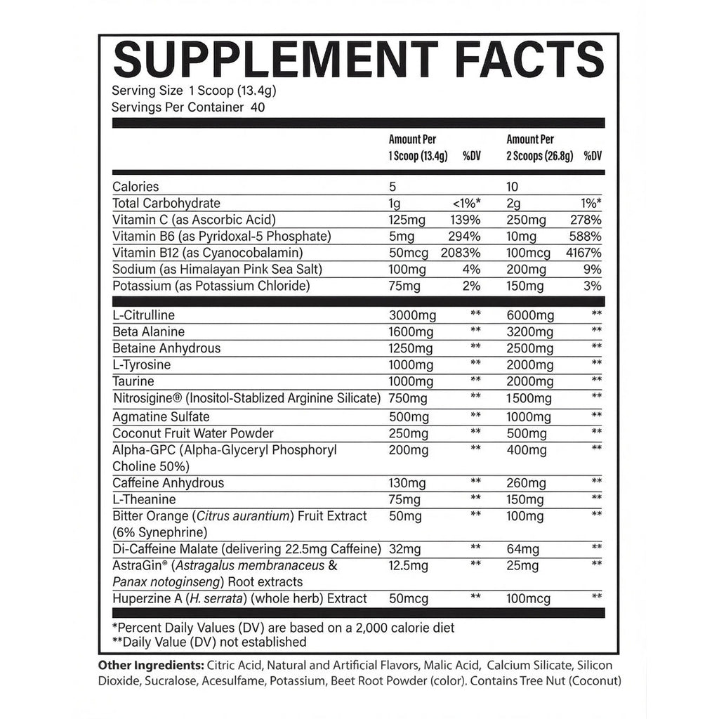 Raw Nutrition Christopher's Secret Stuff Pre Entreno 40 Servicios Informacion nutricional