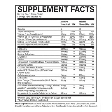 Raw Nutrition Christopher's Secret Stuff Pre Entreno 40 Servicios Informacion nutricional