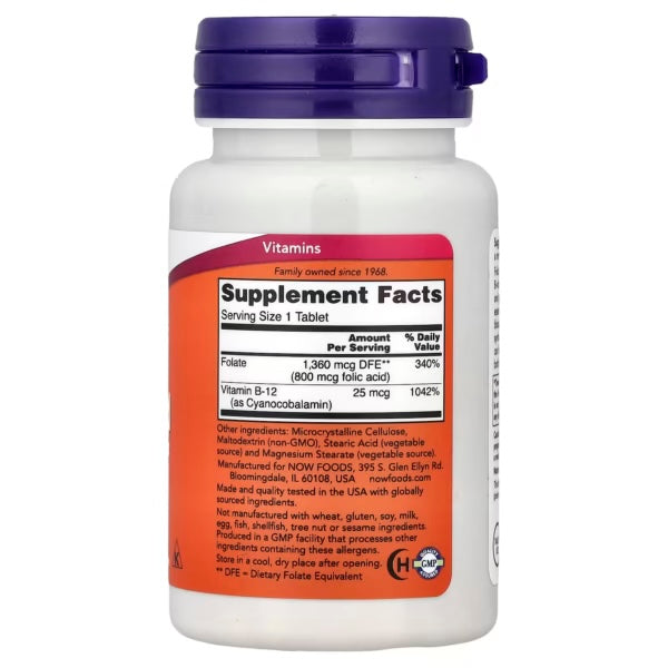 Now Foods Folic Acid 800 MCG 100 Tabs Informacion nutricional