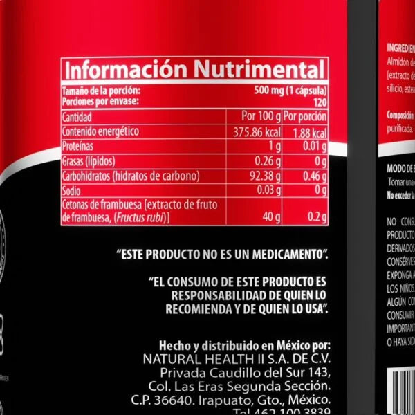 Natural Health Cetonas de Frambuesa 120 capsulas 500mg c/u Informacion nutricional