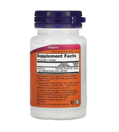 Now Foods Vitamina D3 120 Softgels 5000 UI informacion nutricional