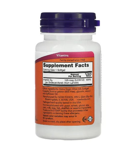 Now Foods Vitamina D3 120 Softgels 5000 UI informacion nutricional