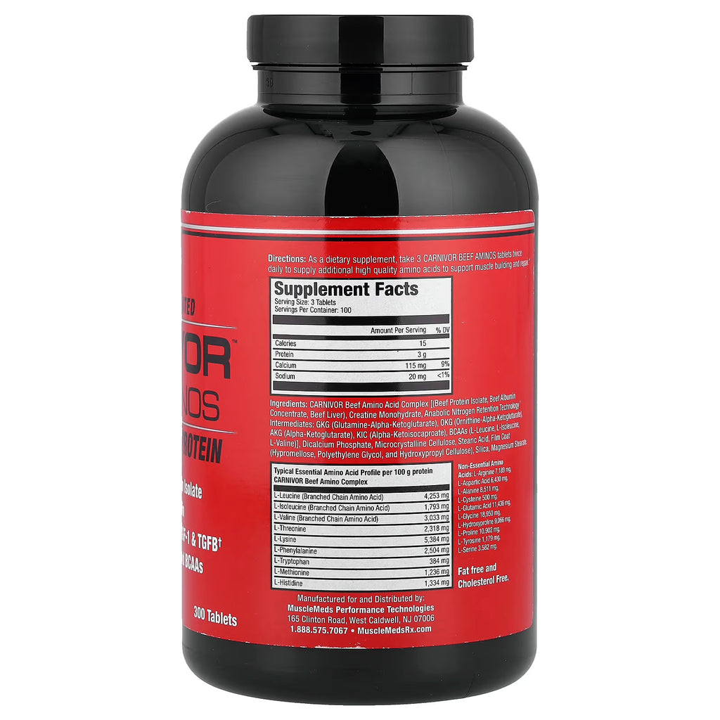 MuscleMeds Carnivor Beef Aminos 300 Tabletas informacion nuricional