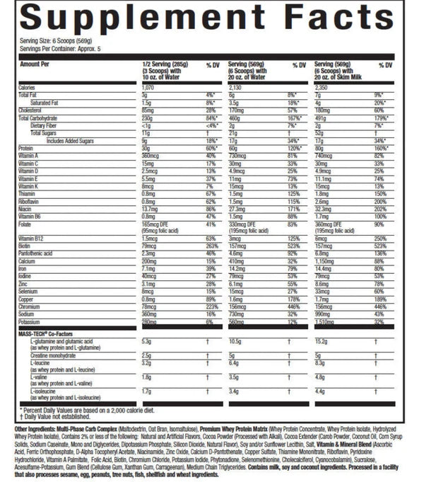 Muscletech Ganador Mass Tech Extreme 2000 6 Lbs informacion nutricional
