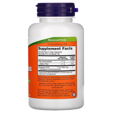 Now Foods Astragalus 500Mg 100 Veg Cap Informacion nutricional