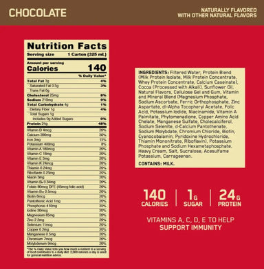 Optimu Nutrition Gold Standard Protein Shake 12 pack Informacion nutricional