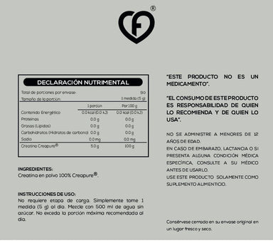 CaroFit Creatina Monohidratada Creapure 450gr informacion nutricional
