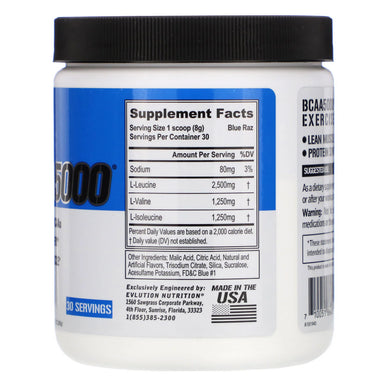 Evlution Nutrition BCAA 5000 30 Servicios informacion nutricional