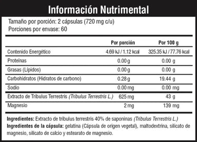 Musclefit Tribulus 625 120 cápsulas informacion nutricional