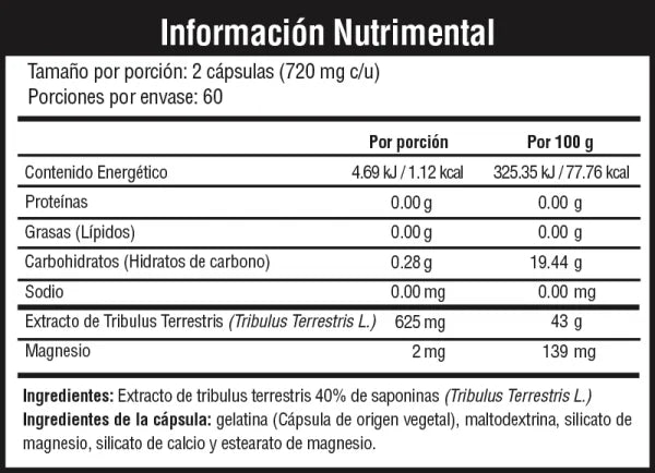 Musclefit Tribulus 625 120 cápsulas informacion nutricional