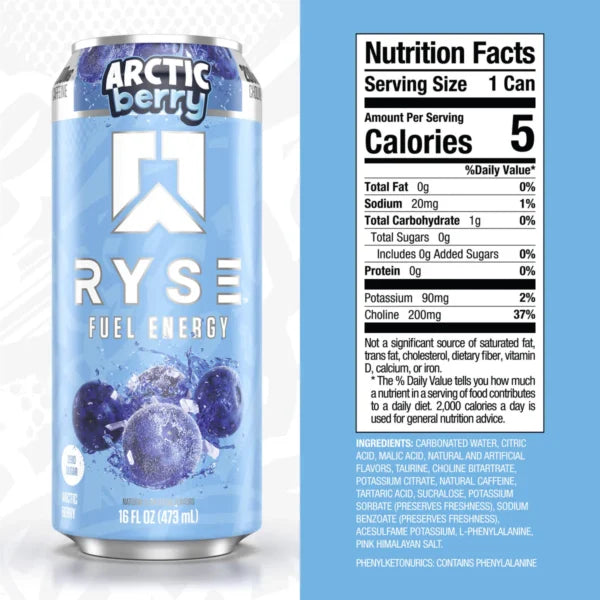 Ryse Fuel Energy Drink 12 pack Artic Berry Informacion nutricional