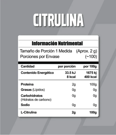 Meta Nutrition Citrulina 200g 100 servicios Informacion nutricional