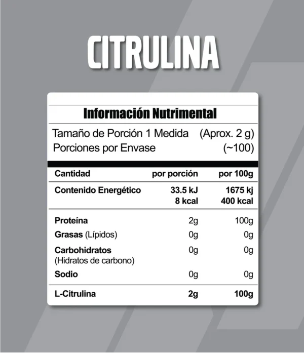 Meta Nutrition Citrulina 200g 100 servicios Informacion nutricional