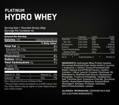 Optimum Nutrition Proteina Platinum Hydro Whey 3.5 libras 40 servicios informacion nutricional