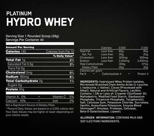 Optimum Nutrition Proteina Platinum Hydro Whey 3.5 libras 40 servicios informacion nutricional