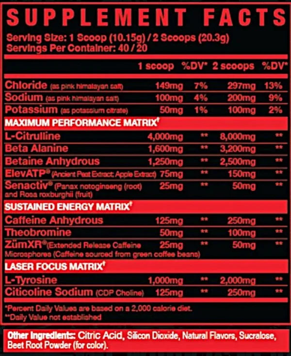 Axe & Sledge Intake Pre Entreno 20/40 Serv Fruit Kaboom Informacion Nutricional
