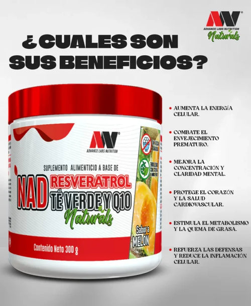 Advance Nutrition NAD, Resveratrol, Té Verde & Q10 60 Serv Sabor a Melon Portada 2