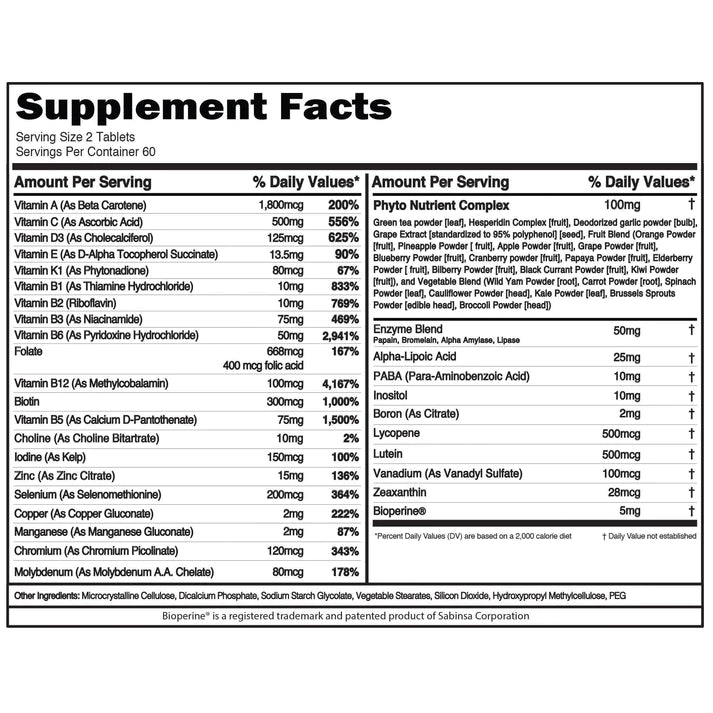 Evlution Nutrition Multivitamínico VitaMode 120 tabletas 60 servicios informacion nutricional 2
