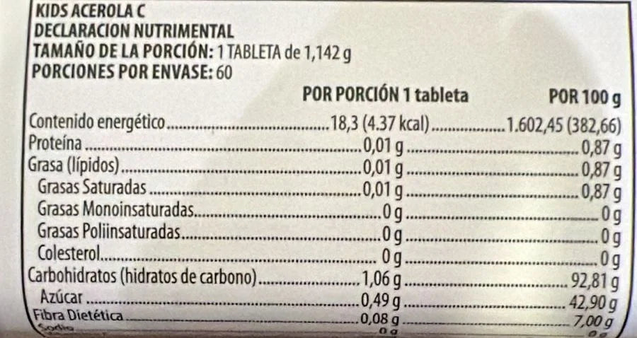 Nutrilite Acerola C 60 Tabletas Masticables Sabor Ponche Informacion nutricional