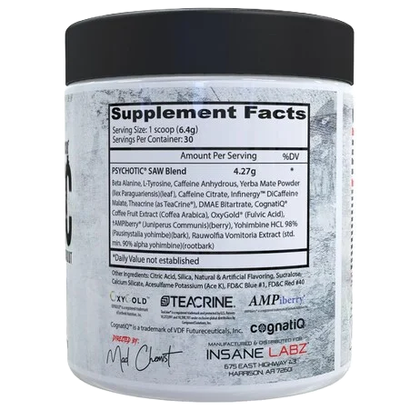 Insane Labz Psychotic Saw Pre Entreno 30 Servicios informacion nutricional