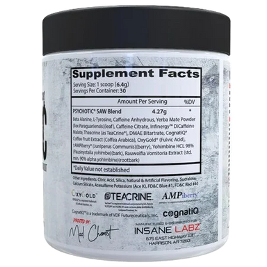 Insane Labz Psychotic Saw Pre Entreno 30 Servicios informacion nutricional